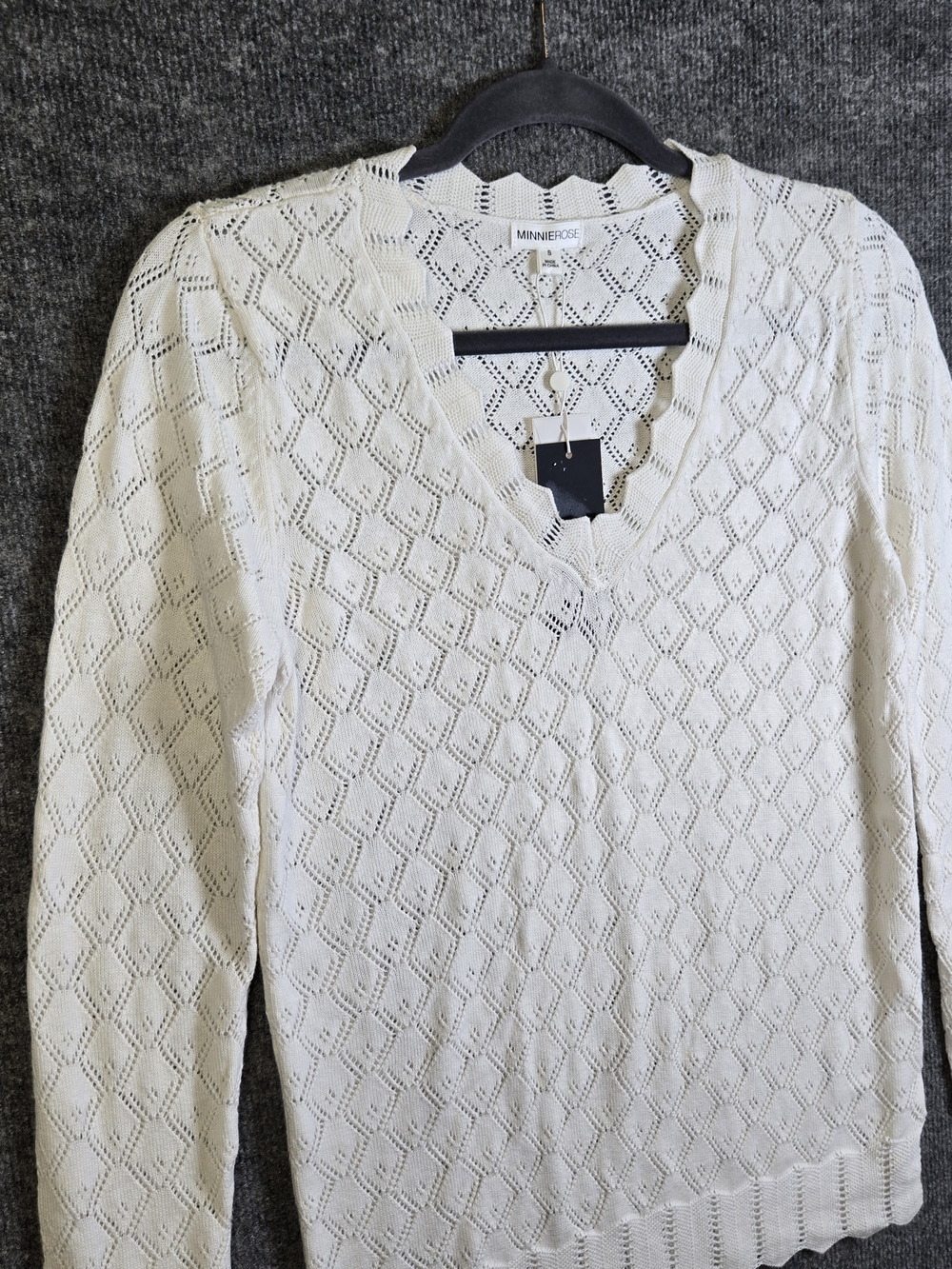 MinnieRose Sweater Womens S White Pointelle Open Knit Cotton Cashmere V Neck New - Picture 3 of 12